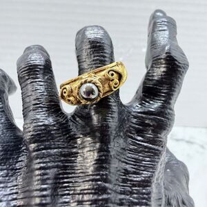 Vintage Vogue Signed Gold-Tone Scroll Ring, Adjustable Band, Gray Cabochon